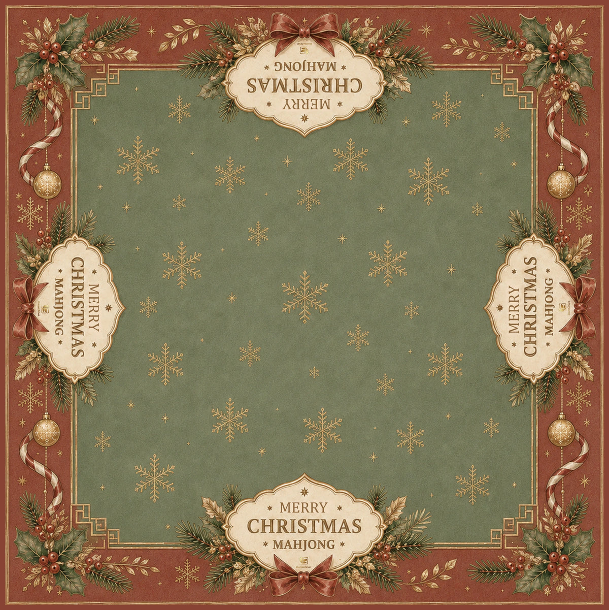 BamChive Christmas mahjong mat with a sage green center, red border, gold snowflakes and festive greenery.
