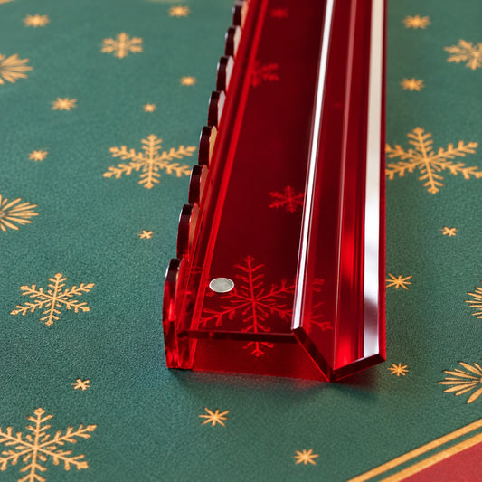 Close-up of the translucent ruby red acrylic, scalloped edge and metal disc on a BamChive mahjong rack.