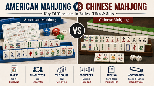 American Mahjong vs Chinese Mahjong comparison showing differences in tiles, jokers, Charleston, scoring, tile counts, racks, and pushers.