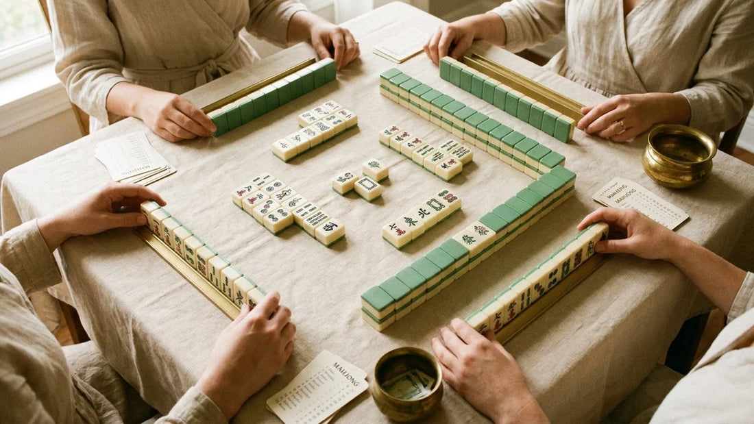 Overhead view of an American Mahjong game in progress on a linen table, with tiles arranged in rows and four players' hands visible at each corner.