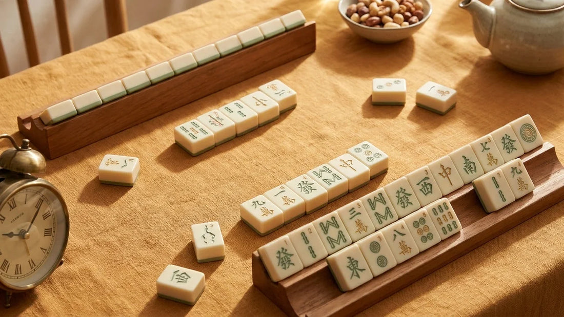 A top-down view of an American Mahjong game in progress on a linen table, with ivory and green tiles arranged in racks beside a vintage analog clock in warm golden light.