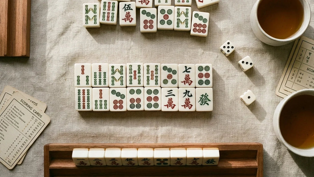 A flat-lay of American Mahjong tiles arranged on a warm linen surface beside a wooden tile rack, with suit symbols visible in soft natural light.