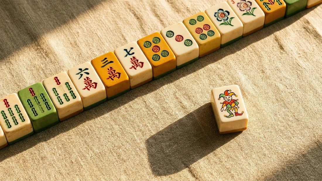 A single Joker mahjong tile resting apart from a row of colorful American Mahjong tiles on a warm linen surface under soft golden light.