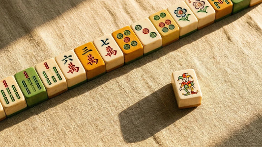 A single Joker mahjong tile resting apart from a row of colorful American Mahjong tiles on a warm linen surface under soft golden light.