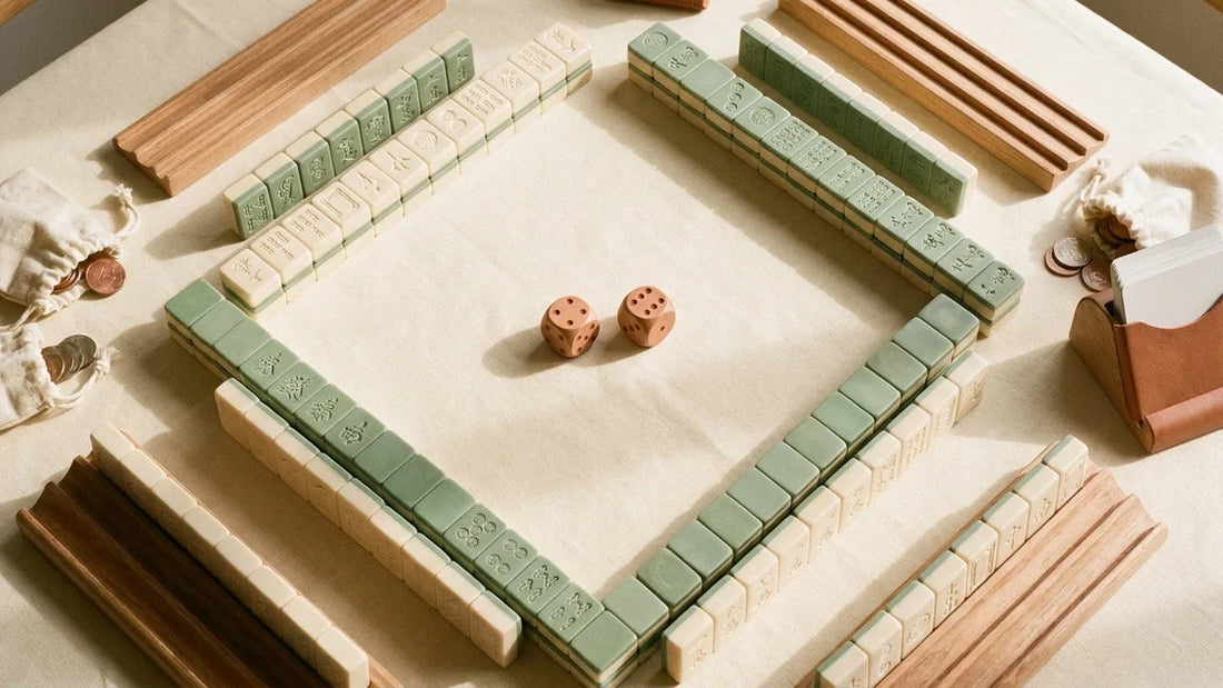 Overhead view of a partially set up American Mahjong game with four tile walls arranged in a square on a linen table, with wooden dice at the center.