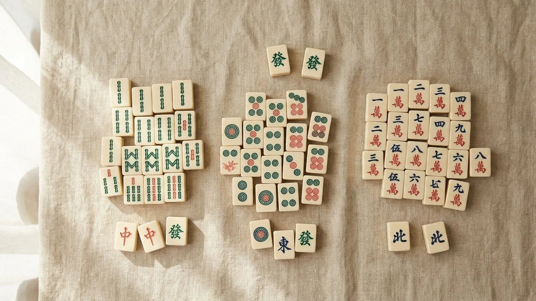 An editorial flat-lay of American Mahjong tiles in ivory and jewel tones arranged by suit groupings on a warm linen surface under soft natural light.