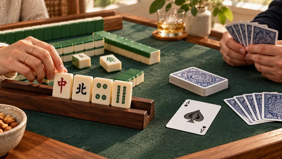 Mahjong tiles and racks beside a deck of playing cards and a face-up ace of spades.
