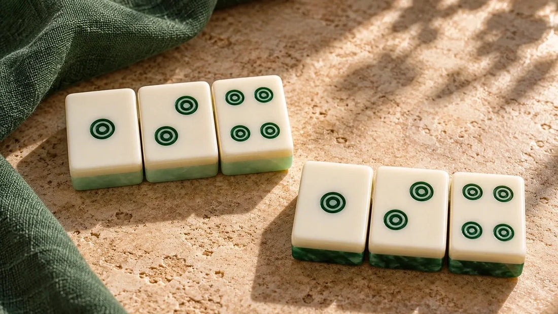 Two small groups of matching Dot-suit mahjong tiles beside folded green linen.