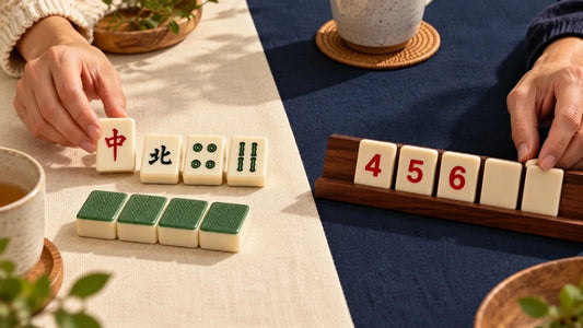 Mahjong wind, dragon and suited tiles beside a separate rack of numbered tiles.