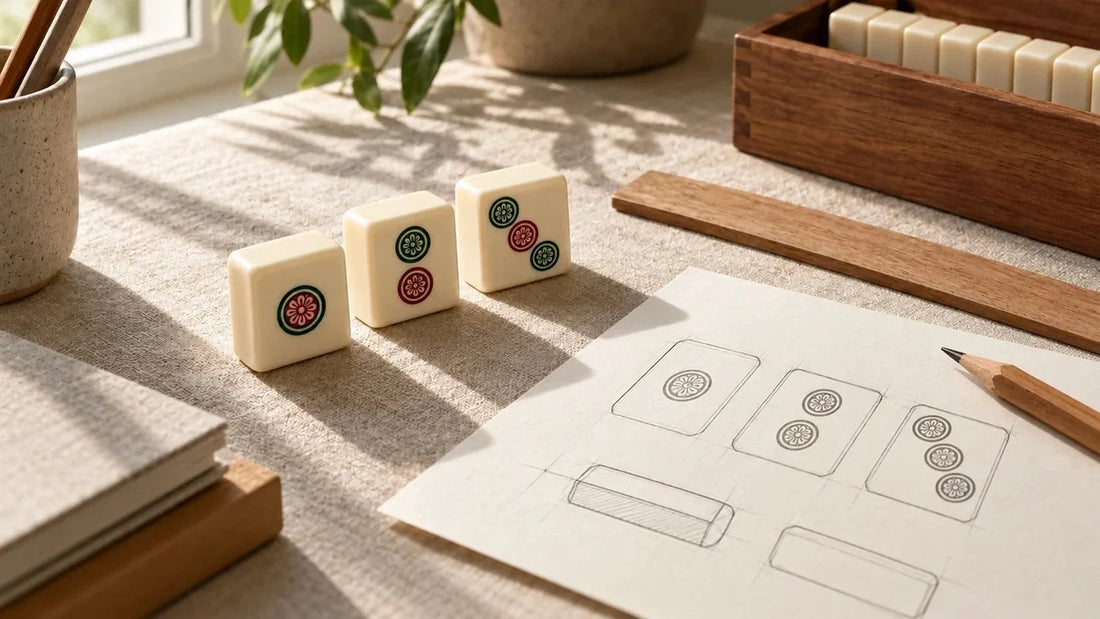 Mahjong tiles beside pencil drawings of tile faces and profiles on a sunlit design desk.