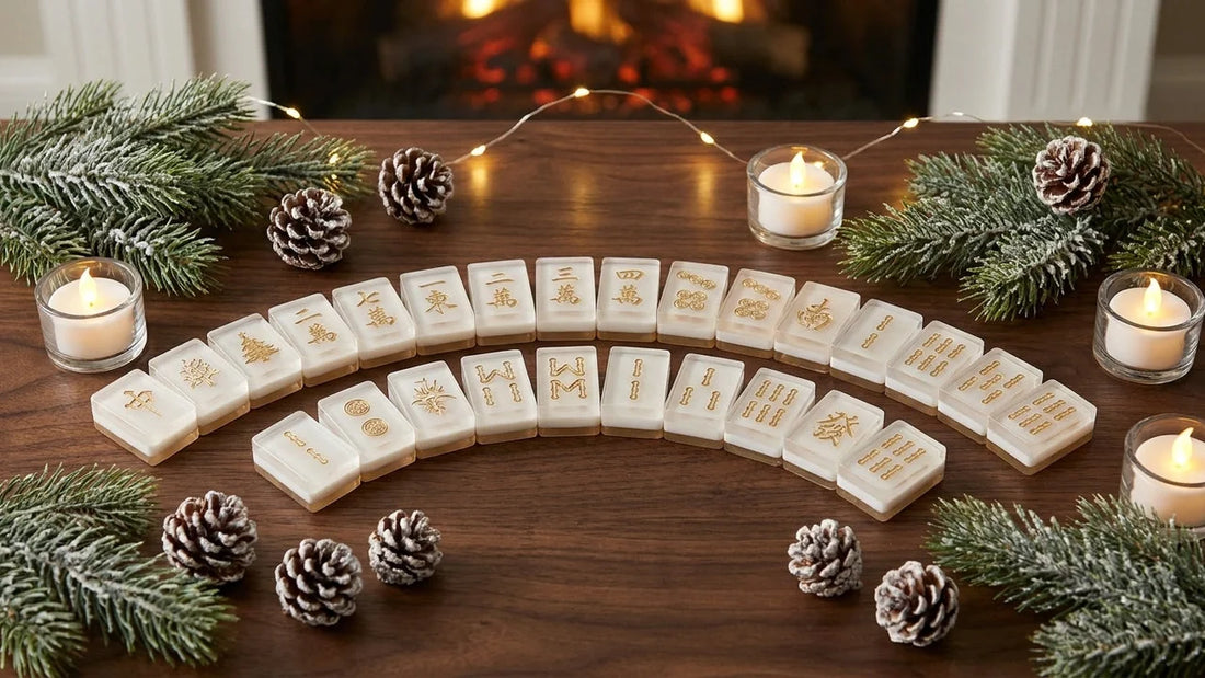 An artistic flat-lay of holiday-themed mahjong tiles in translucent acrylic arranged on a dark wood surface surrounded by pine sprigs, pinecones, and warm candlelight.