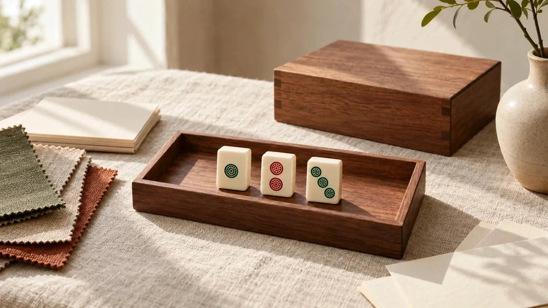 Three mahjong tiles on a wooden archive tray beside fabric swatches and blank catalog cards.