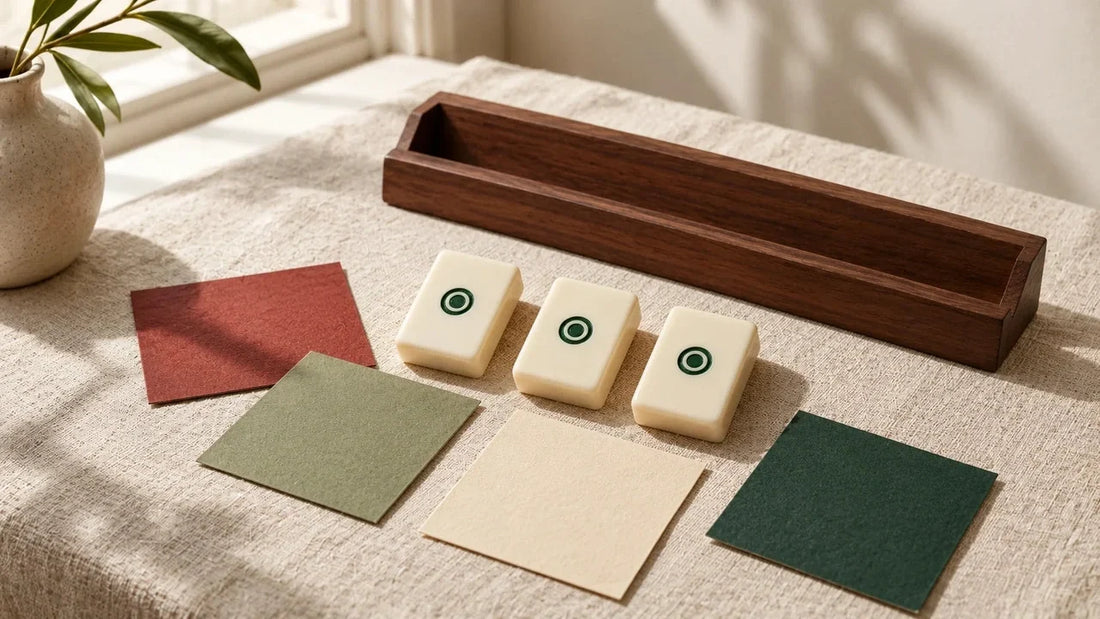 Ivory mahjong tiles arranged with red, sage, cream, and dark green color swatches beside a wooden rack.