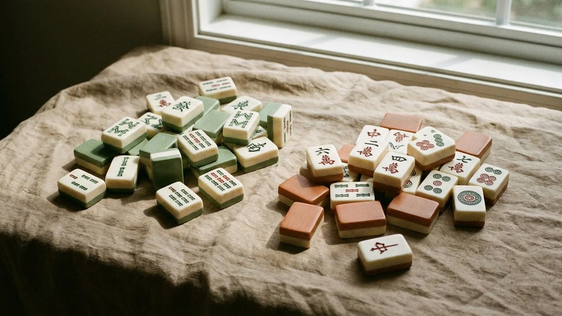 Two mahjong tile sets arranged side by side on a linen surface in soft natural light, highlighting their craftsmanship and design details for comparison.
