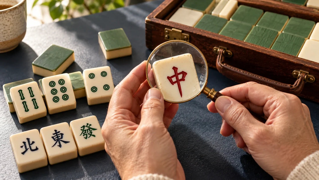 Hands inspecting a worn red dragon tile with a magnifying glass beside an open case.