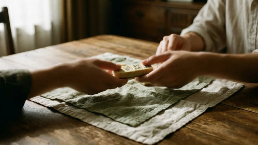 Four mahjong tiles arranged in a passing formation on a textured linen surface, bathed in warm natural light.