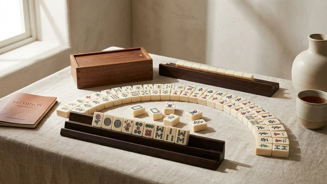 An open American Mahjong set with ivory tiles and a tile rack arranged elegantly on a warm linen surface in soft natural light.