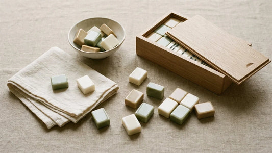 A flat-lay arrangement of polished mahjong tiles, a soft cleaning cloth, and an open wooden storage case on a linen surface, bathed in warm natural light.