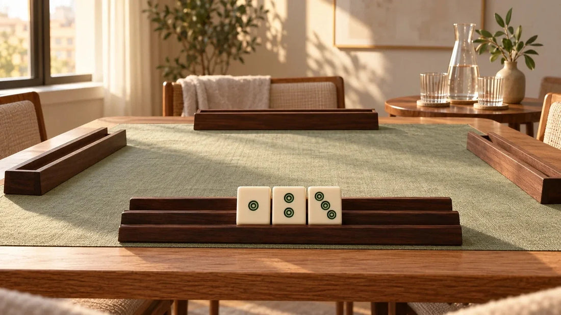Three ivory mahjong tiles on a wooden rack at a sage-covered table, with water glasses on a separate side table.