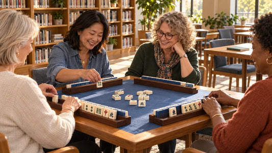 Four adults at a blue-matted mahjong table in a library community room.