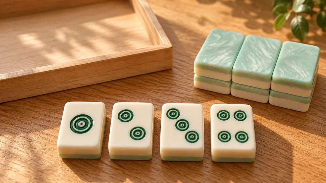 Four Dot-suit mahjong tiles arranged beside sage-backed tiles and a wooden sorting tray.