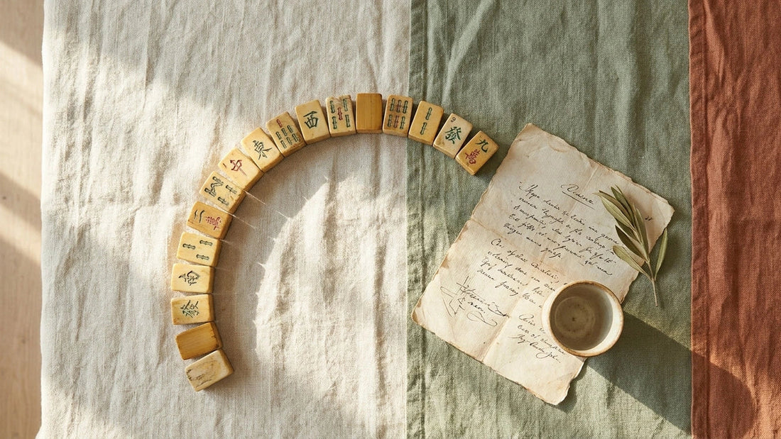 A close-up flat-lay of mahjong tiles arranged on a linen surface beside an open reference card, bathed in warm natural light.
