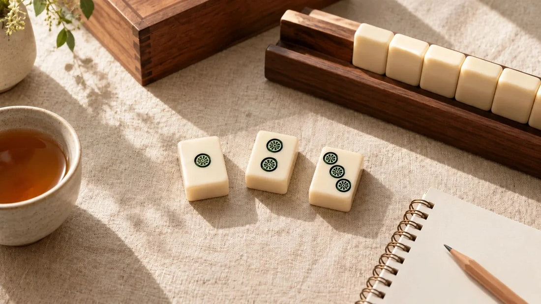 One-, two-, and three-dot mahjong tiles laid out beside a notebook and wooden rack for a beginner exercise.
