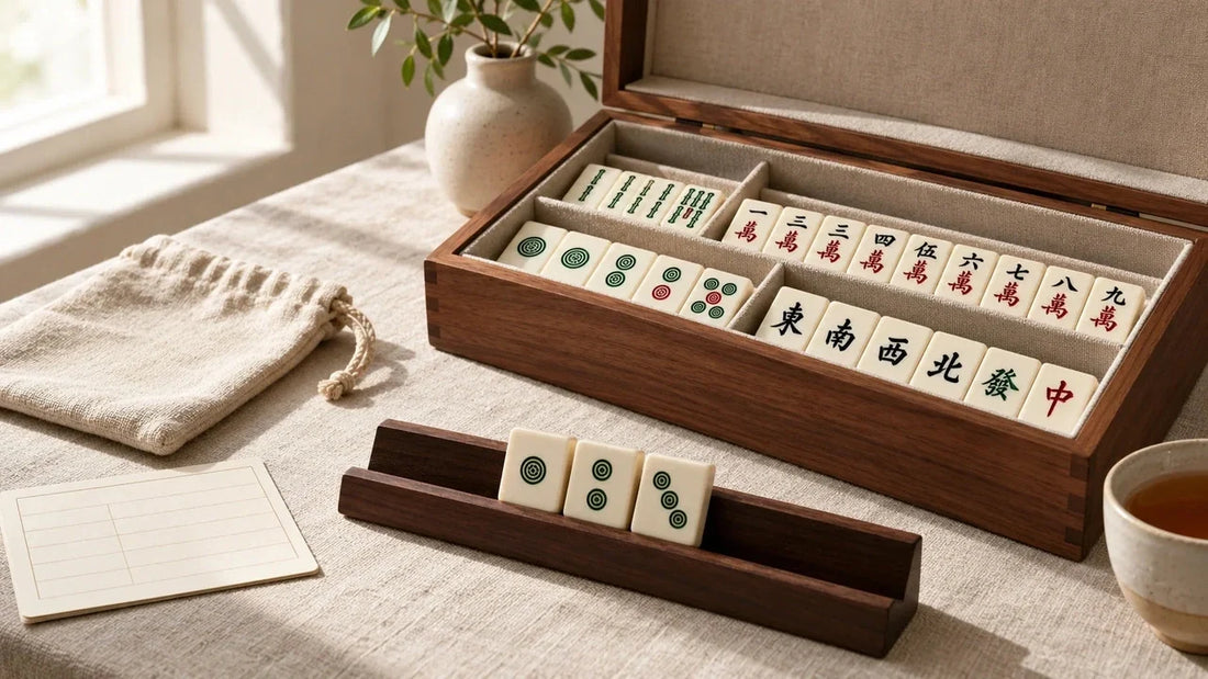 An open compartmented mahjong box beside a tile rack, cloth pouch, and blank inventory card.