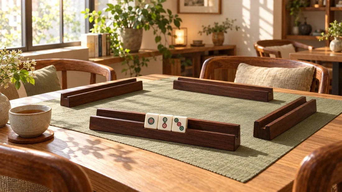 Three mahjong tiles on a wooden rack at a sunlit cafe table prepared for a community gathering.