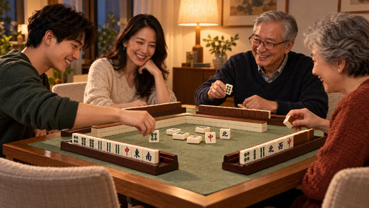 Adults of different generations sharing a mahjong table in a warmly lit living room.