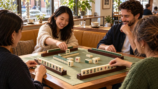 Four friends gathered around a mahjong table in a sunlit cafe with cups on a separate ledge.