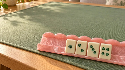 A sage green mahjong mat with a pink rack and four Dot tiles on a wooden table.