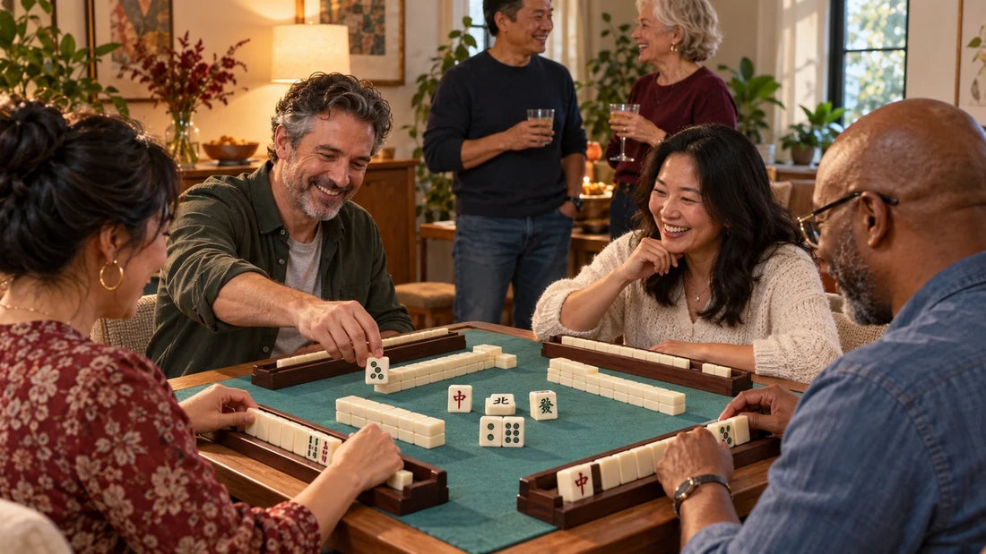 Four friends at a mahjong table while two guests chat nearby during a home gathering.
