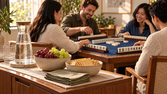Grapes, crackers and water on a separate sideboard with a mahjong gathering behind it.