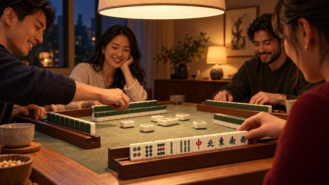 Four adults at an evening mahjong table beneath a broad shaded pendant light.