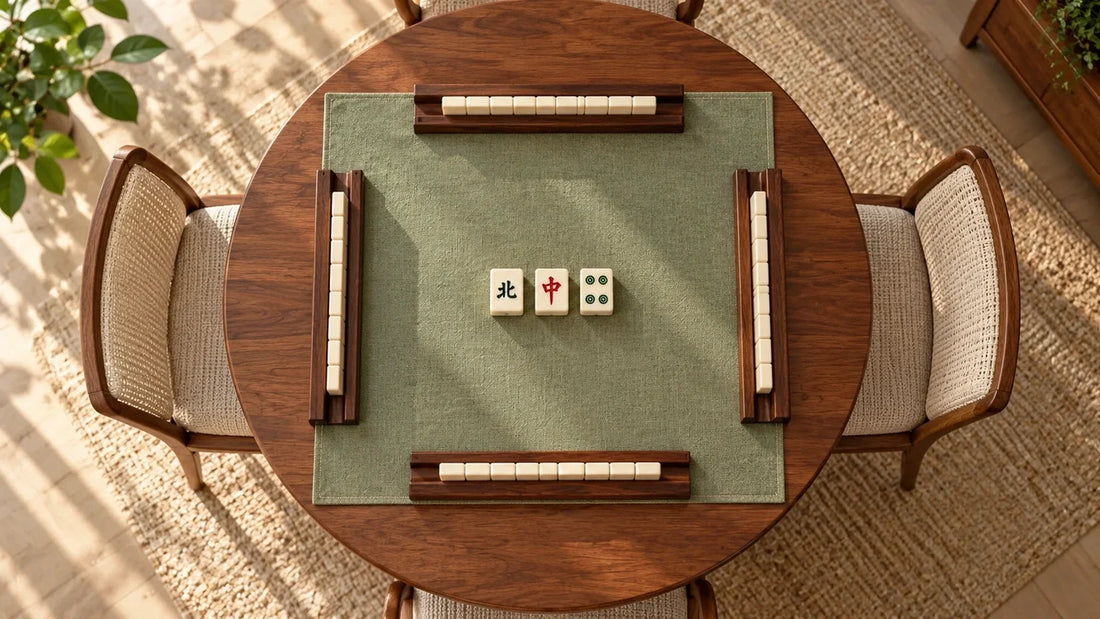 Overhead view of a square sage mat supported by a round wooden table with four racks.