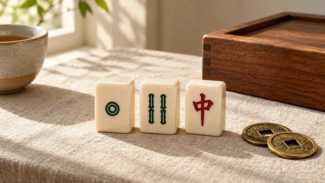 Ivory circle, bamboo, and red dragon mahjong tiles beside square-holed coins on a linen-covered table.
