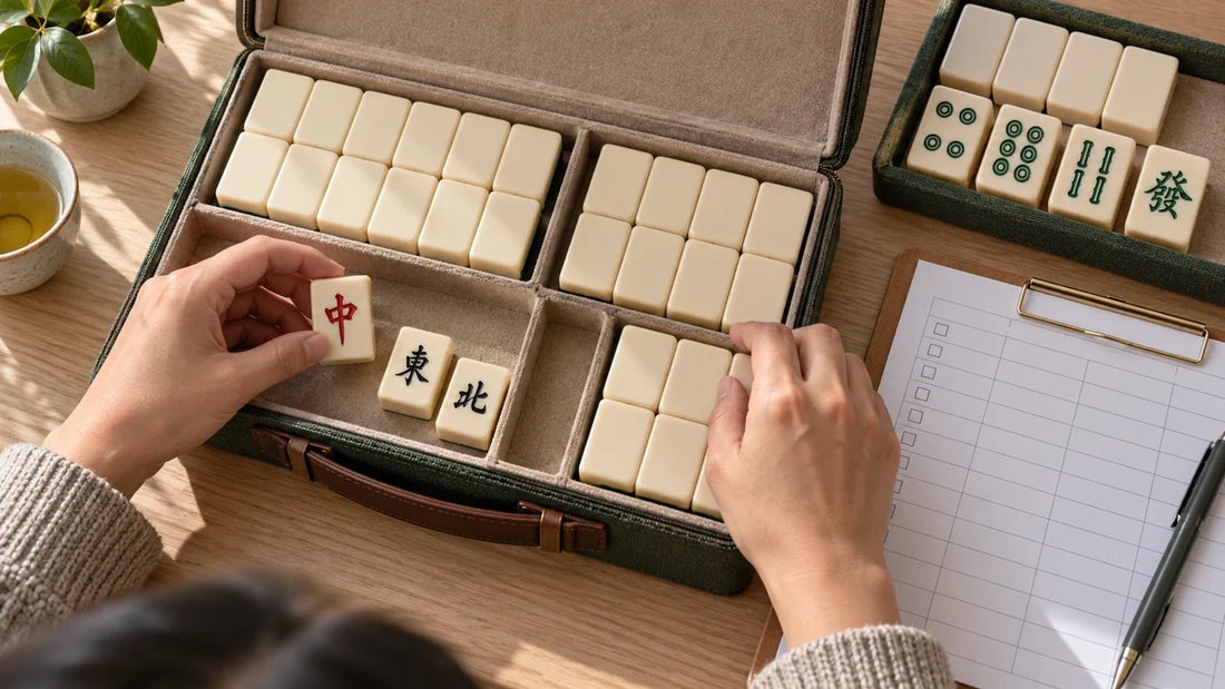 Hands checking mahjong tiles in an open lined case beside a blank inventory checklist.
