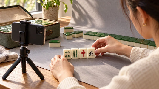 A woman arranging mahjong tiles in front of a smartphone tripod for a collection photograph.