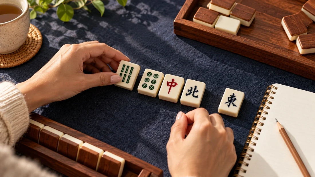 Hands sorting bamboo, dot, dragon and wind tiles beside a notebook on navy fabric.