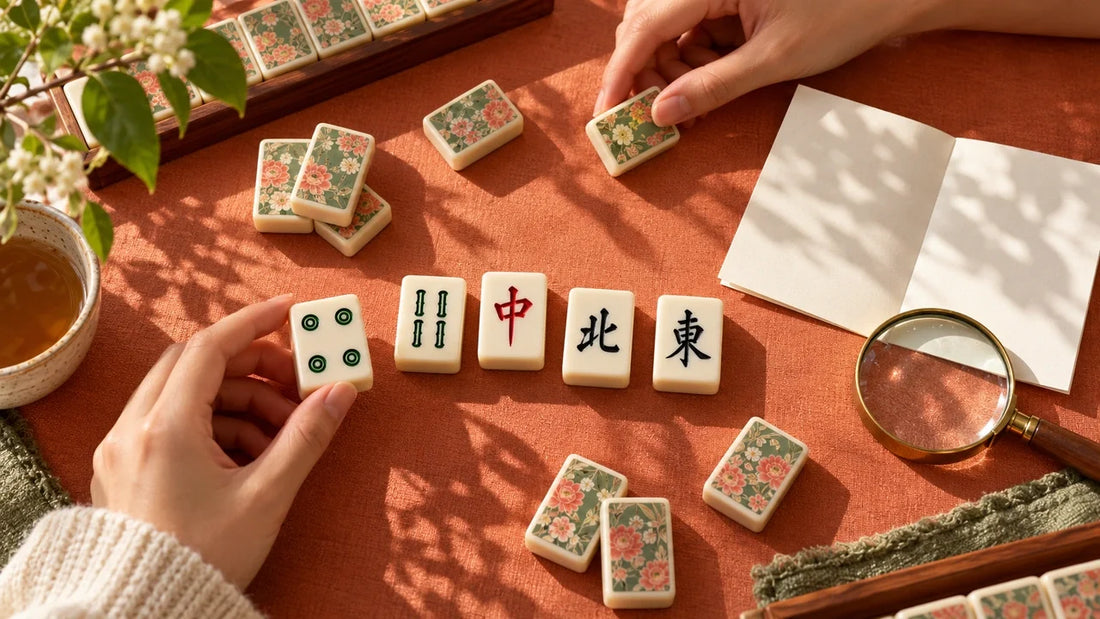 Floral mahjong tile backs and traditional tile faces arranged on terracotta fabric.