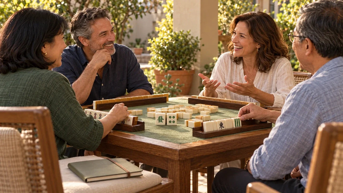Neighbors sharing a conversation around a mahjong table in a leafy covered courtyard.