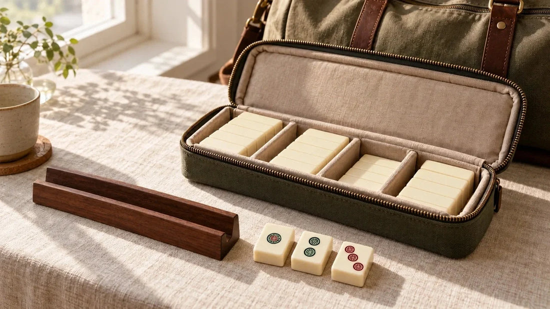 An open padded travel case with mahjong tiles, a wooden rack, and a canvas weekend bag.