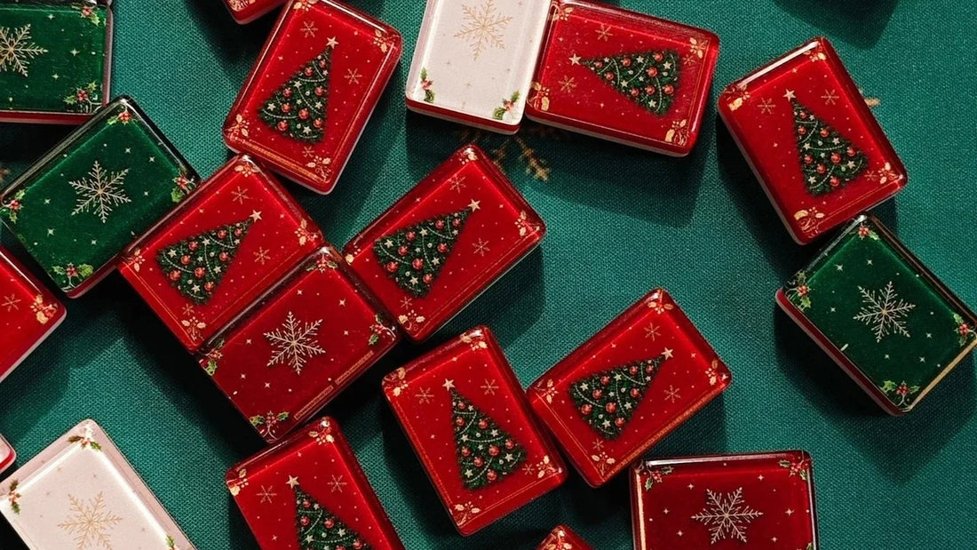 BamChive Christmas-themed tile backs arranged across a green mahjong mat.