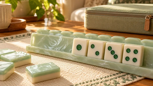 A sage rack holding four Dot-suit tiles beside green-backed tiles and a fabric case.