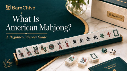BamChive American Mahjong beginner’s guide cover featuring ivory mahjong tiles on a dark green rack and game table.
