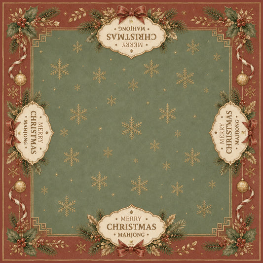 BamChive Christmas mahjong mat with a sage green center, red border, gold snowflakes and festive greenery.
