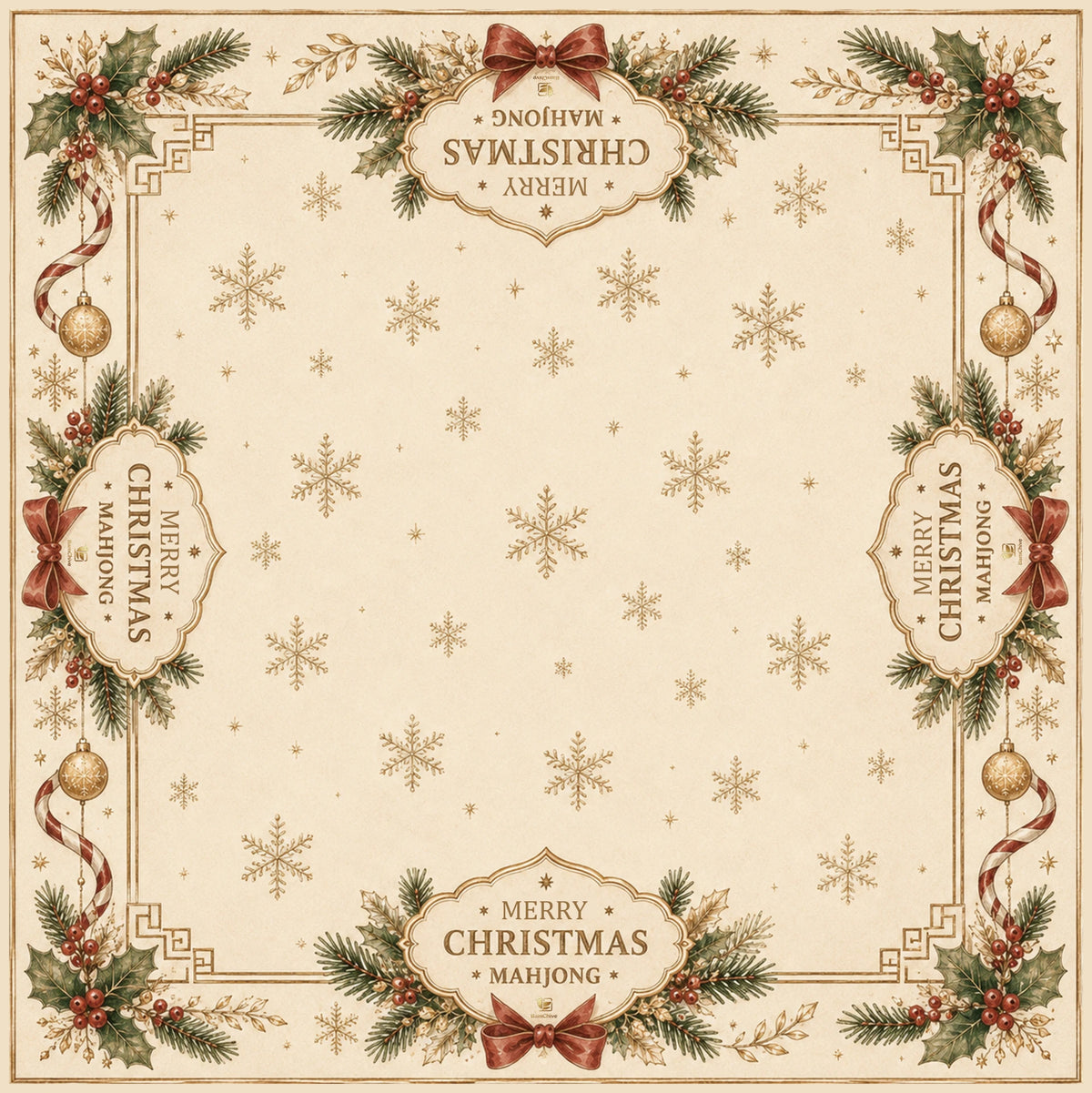 BamChive cream Christmas mahjong mat with gold snowflakes, evergreen branches, red bows and festive ornaments.