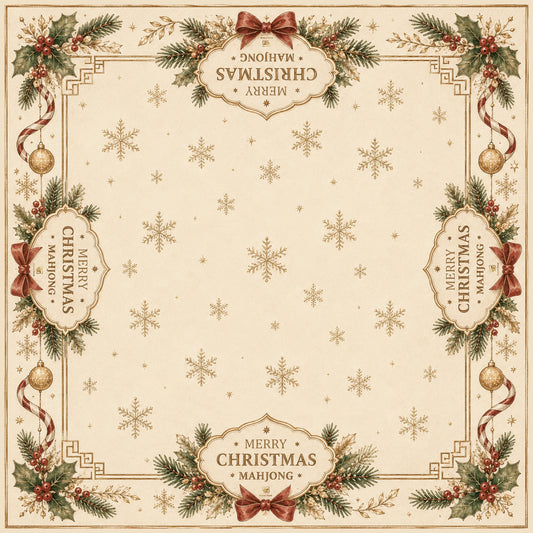 BamChive cream Christmas mahjong mat with gold snowflakes, evergreen branches, red bows and festive ornaments.