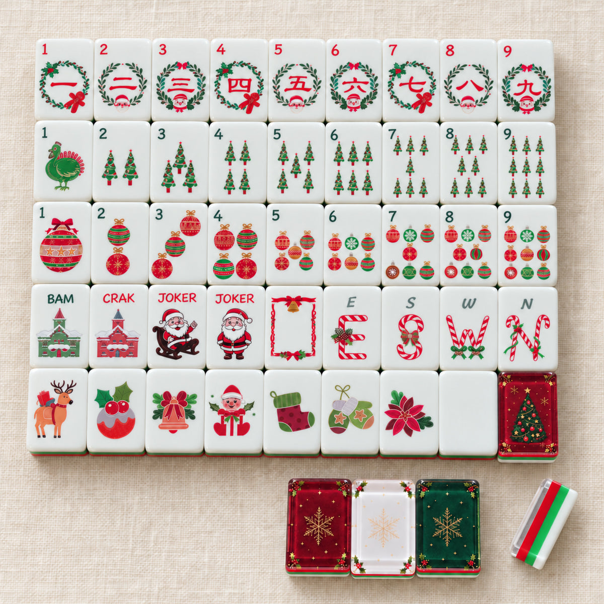 BamChive Christmas American mahjong tile faces with Santa jokers, festive designs, four tile backs, and red, green and white layered edges.
